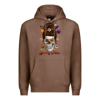 Chestnut Spooky Vibes Skull Messy Bun Premium Hoodie - texasbilliewilder