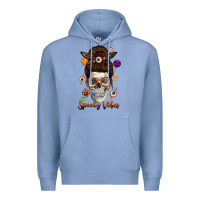 Colony Blue Spooky Vibes Skull Messy Bun Premium Hoodie - texasbilliewilder