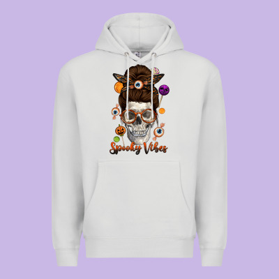 Spooky Vibes Skull Messy Bun Premium Hoodie Designed By Texasbilliewilder