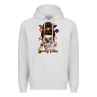 Dove Grey Spooky Vibes Skull Messy Bun Premium Hoodie - texasbilliewilder