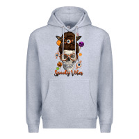 Heather Grey Spooky Vibes Skull Messy Bun Premium Hoodie - texasbilliewilder
