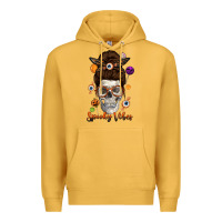 Mustard Spooky Vibes Skull Messy Bun Premium Hoodie - texasbilliewilder