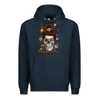 Navy Spooky Vibes Skull Messy Bun Premium Hoodie - texasbilliewilder