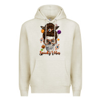 Oatmeal Heather Spooky Vibes Skull Messy Bun Premium Hoodie - texasbilliewilder