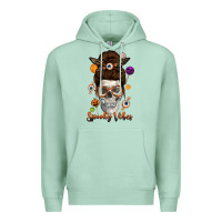 Seafoam Spooky Vibes Skull Messy Bun Premium Hoodie - texasbilliewilder