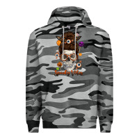 Slate Camo Spooky Vibes Skull Messy Bun Premium Hoodie - texasbilliewilder