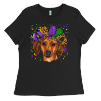 Black mardi gras hat dachshund Ladies Tee - RanaPortraitStore