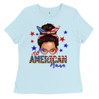 Baby Blue all american mama messy bun Ladies Tee - texasbilliewilder