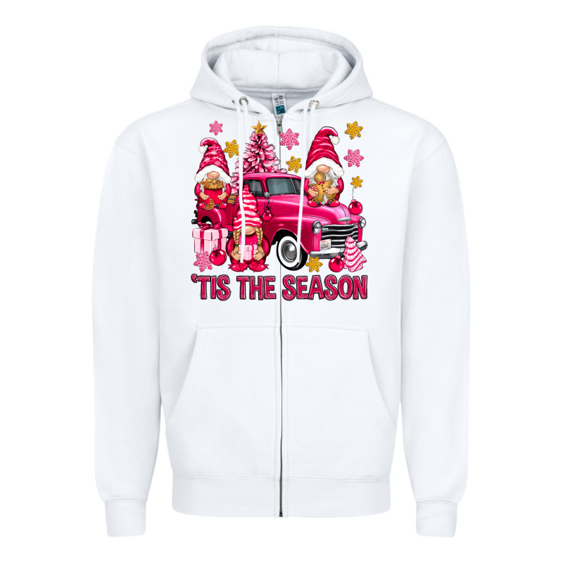 Tis' The Season Pink Christmas Gnomes Truck Zipper Hoodie by NancyCooperArtShop | Teevron