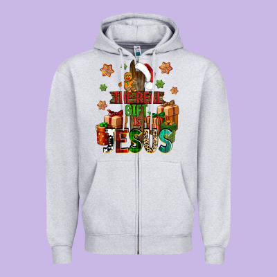 The Real Gift Is Jesus Zipper Hoodie Designed By Nancycooperartshop