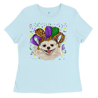 Baby Blue mardi gras hat white pomeranian Ladies Tee - RanaPortraitStore