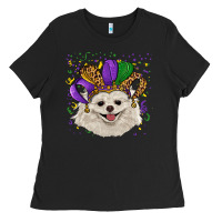 Black mardi gras hat white pomeranian Ladies Tee - RanaPortraitStore