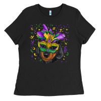 Black mardi gras mask dachshund puppy Ladies Tee - RanaPortraitStore