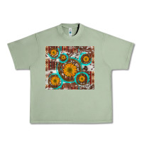 Oil Green sunflowers and western old wheel aztec cowhide background Urban Heavy Tee - Artiststas