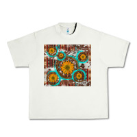 Pistachio sunflowers and western old wheel aztec cowhide background Urban Heavy Tee - Artiststas