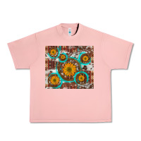 Salmon sunflowers and western old wheel aztec cowhide background Urban Heavy Tee - Artiststas
