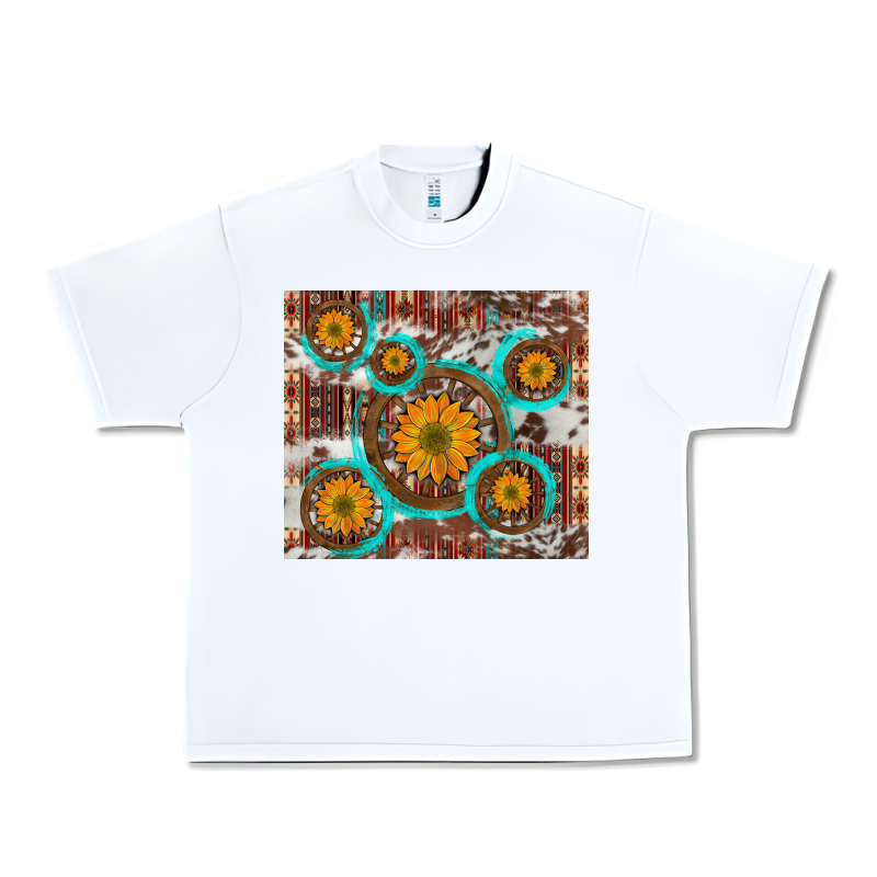 Sunflowers And Western Old Wheel Aztec Cowhide Background Urban Heavy Tee by Artiststas | Teevron