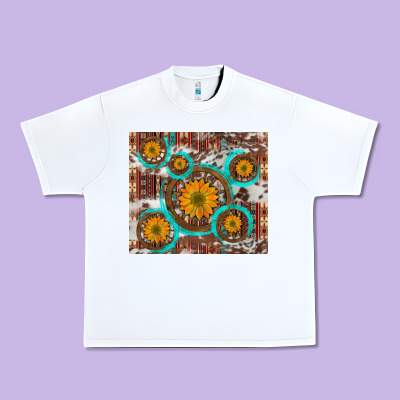 Sunflowers And Western Old Wheel Aztec Cowhide Background Urban Heavy Tee Designed By Artiststas