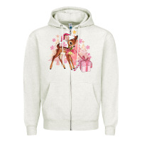 Oatmeal Heather reindeer pink christmas Zipper Hoodie - MaliasSmallBusiness