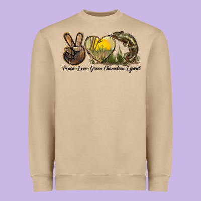 Peace Love Green Chameleon Lizard Heavyweight Sweatshirt Designed By Lillyallendesigns