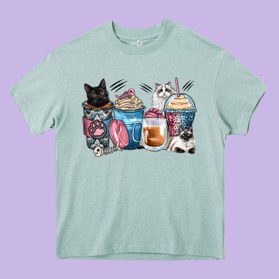 Cat Coffee Cups Heavy Core Tee Designed By Zillion Design Studio