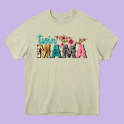 Twin Mama With Flowers Heavy Core Tee Designed By Texasbilliewilder