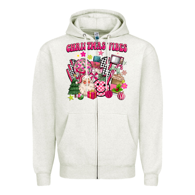 Retro Pink Christmas Vibes Zipper Hoodie by MaliasSmallBusiness | Teevron