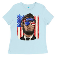 Baby Blue American flag with lincoln Ladies Tee - texasbilliewilder
