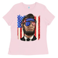 Bubblegum Pink American flag with lincoln Ladies Tee - texasbilliewilder