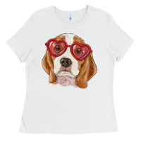 White beagle with love glasses Ladies Tee - RanaPortraitStore