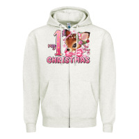 Oatmeal Heather my first christmas pink reindeer Zipper Hoodie - MaliasSmallBusiness