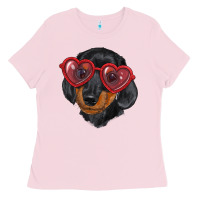 Bubblegum Pink dachshund with love glasses Ladies Tee - RanaPortraitStore