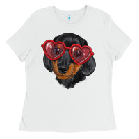 White dachshund with love glasses Ladies Tee - RanaPortraitStore