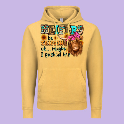 Heifers Be Trippin Ok Maybe I Pushed Her Long Hair Vintage Hoodie Designed By Jasminsmagicworld