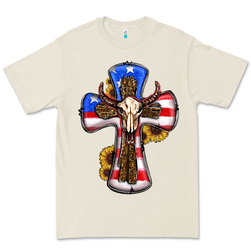 American Flag Cross Cow Skull Sunflowers Premium Tee by RanaPortraitStore | Teevron
