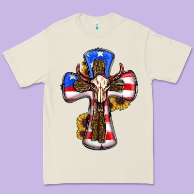 American Flag Cross Cow Skull Sunflowers Premium Tee Designed By Ranaportraitstore