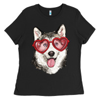 Black husky with love glasses Ladies Tee - RanaPortraitStore