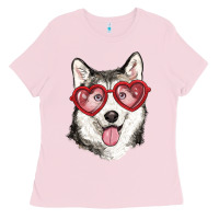 Bubblegum Pink husky with love glasses Ladies Tee - RanaPortraitStore
