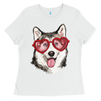 White husky with love glasses Ladies Tee - RanaPortraitStore