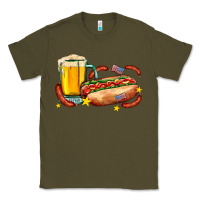 Army Green hot dog and beer with stars and usa flags Classic Tee - AdoDesignShop