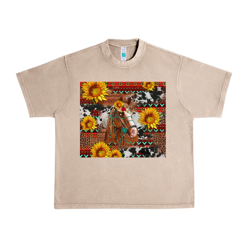 Western Horse With Sunflowers And Aztec Leopard Cowhide Urban Heavy Tee by Artiststas | Teevron