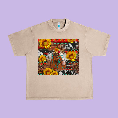 Western Horse With Sunflowers And Aztec Leopard Cowhide Urban Heavy Tee Designed By Artiststas