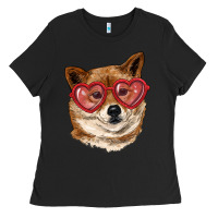 Black shiba inu with love glasses Ladies Tee - RanaPortraitStore