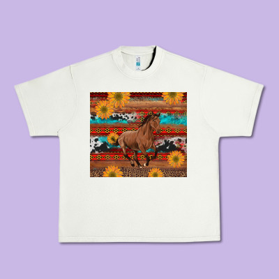 Western Horse And Sunflowers Cowhide Leopard With Aztec Urban Heavy Tee Designed By Artiststas