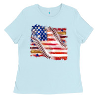 Baby Blue baseball american flag Ladies Tee - texasbilliewilder