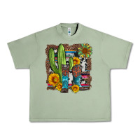 Oil Green western cactus with cowboy boots and sunflowers Urban Heavy Tee - Artiststas