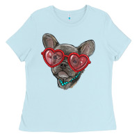 Baby Blue french bulldog with love glasses Ladies Tee - RanaPortraitStore