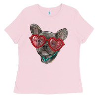 Bubblegum Pink french bulldog with love glasses Ladies Tee - RanaPortraitStore