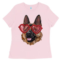 Bubblegum Pink german shepherd with love glasses Ladies Tee - RanaPortraitStore