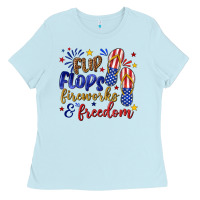 Baby Blue flip flops fireworks and freedom Ladies Tee - texasbilliewilder